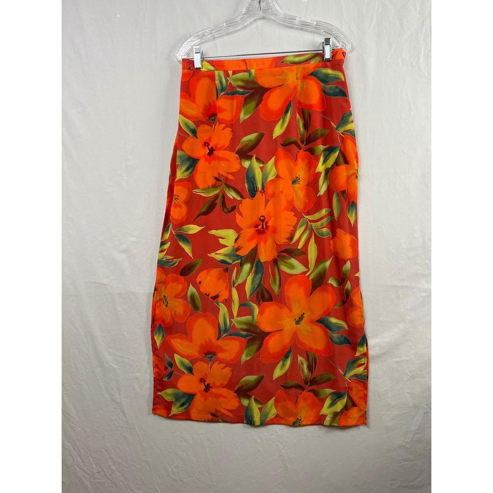 Notations Floral Maxi Skirt Women Large Orange Tropical Side Slit Elastic Waist
